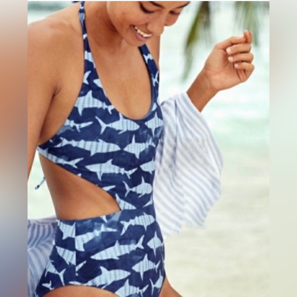 Aerie Shark Cut Out Strappy Back One Piece Beach Vacation Boho Swimsuit Blue XL